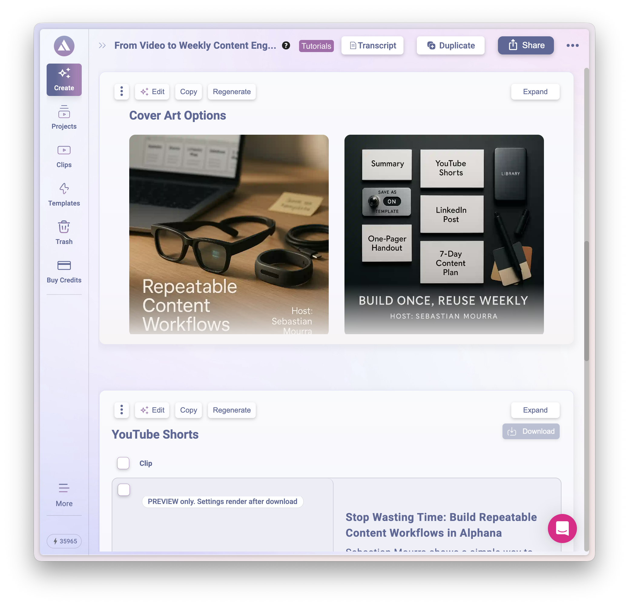 Alphana project view showing Cover Art Options with Repeatable Content Workflows designs