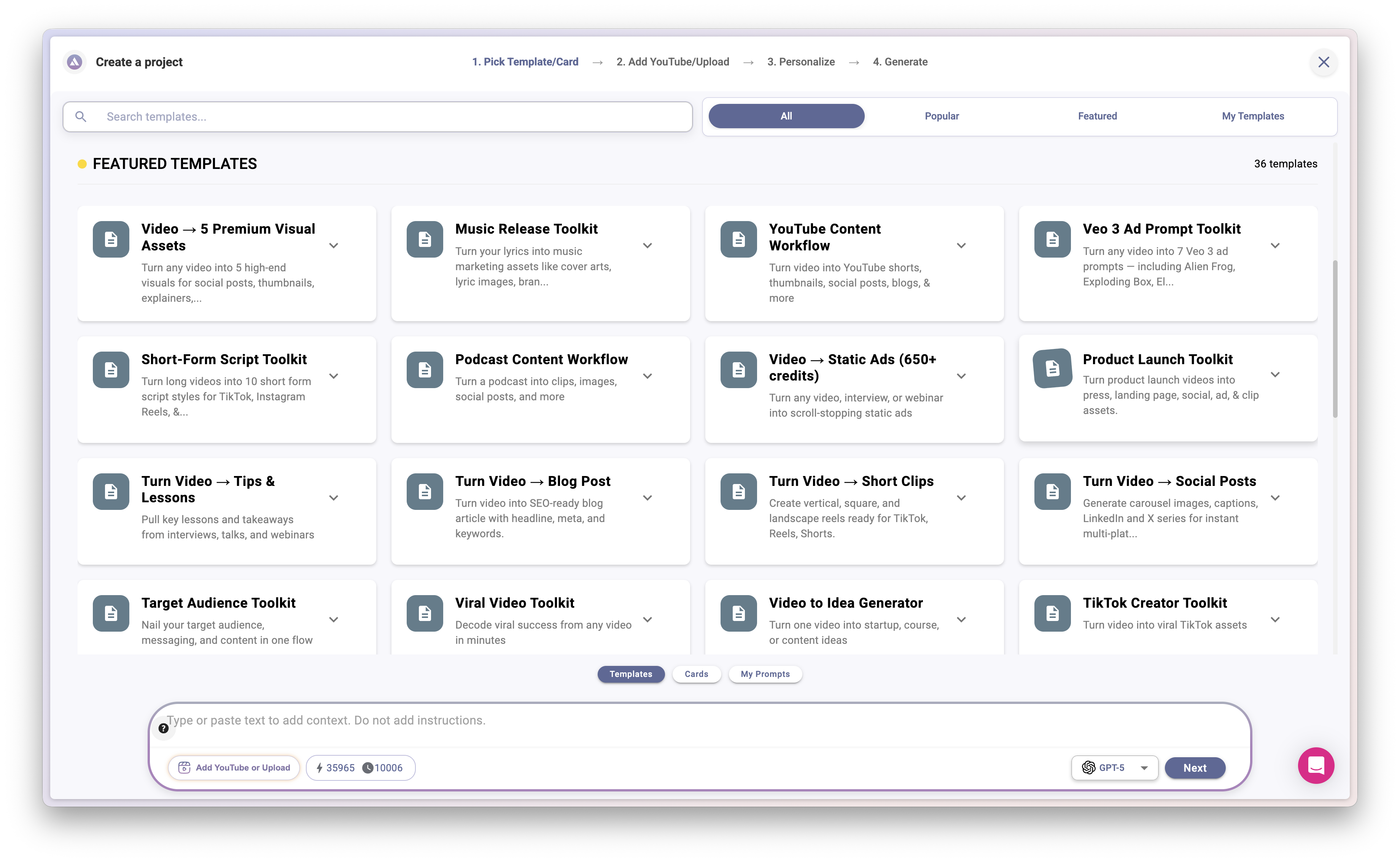 Alphana Create a project interface showing featured templates grid with Video, Music, YouTube, Podcast workflows and more